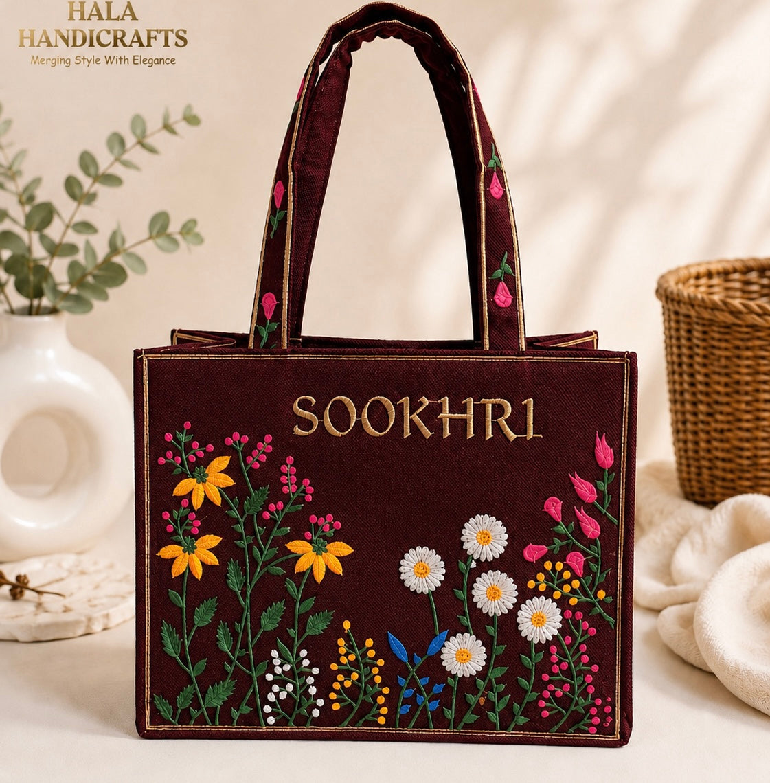 Floral Embroidered Jute Fabric Tote Bag – Medium Size