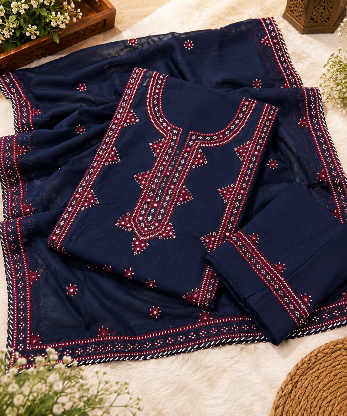 Balochi Handmade Gala Panel Original Mirror Work Soft Cotton with Chiffon Dupatta - 3PC Unstitched Dress π