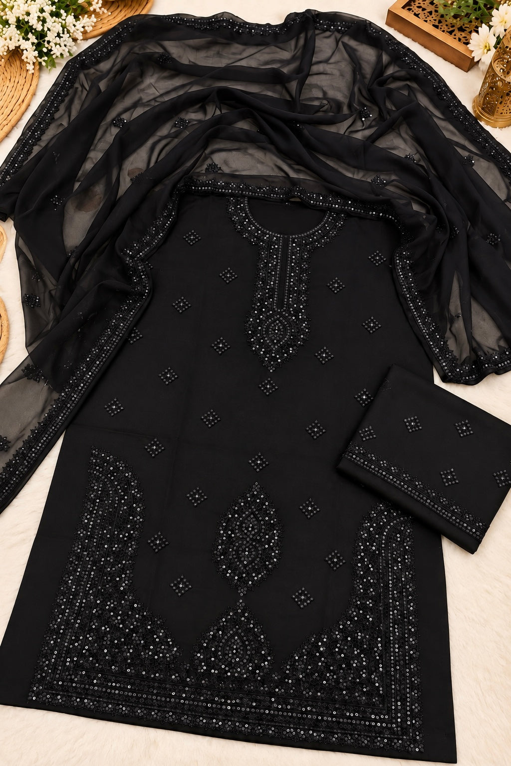 Black 3MM Sitara Embroidered Heavy Gala Daman Soft Cotton Fabric with Embroidered Chiffon Dupatta | 3PC Unstitched Suit
