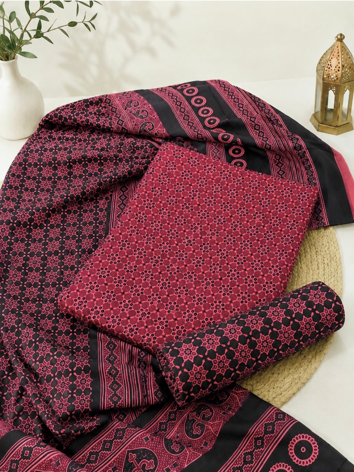 Malir Ajrak Block Print Cotton Fabric - Unstitched 3PC Dress