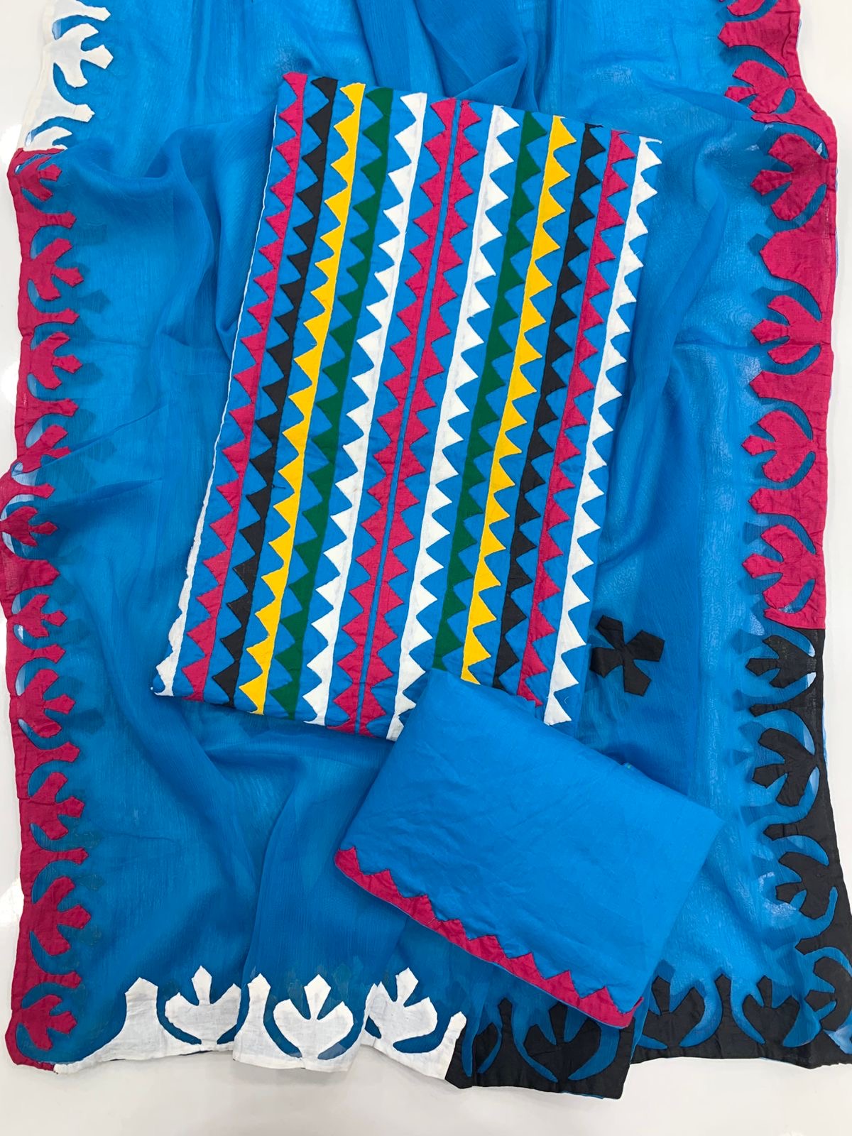 Multicolor Applique 3-Piece Dress – Soft Cotton with Chiffon Dupatta