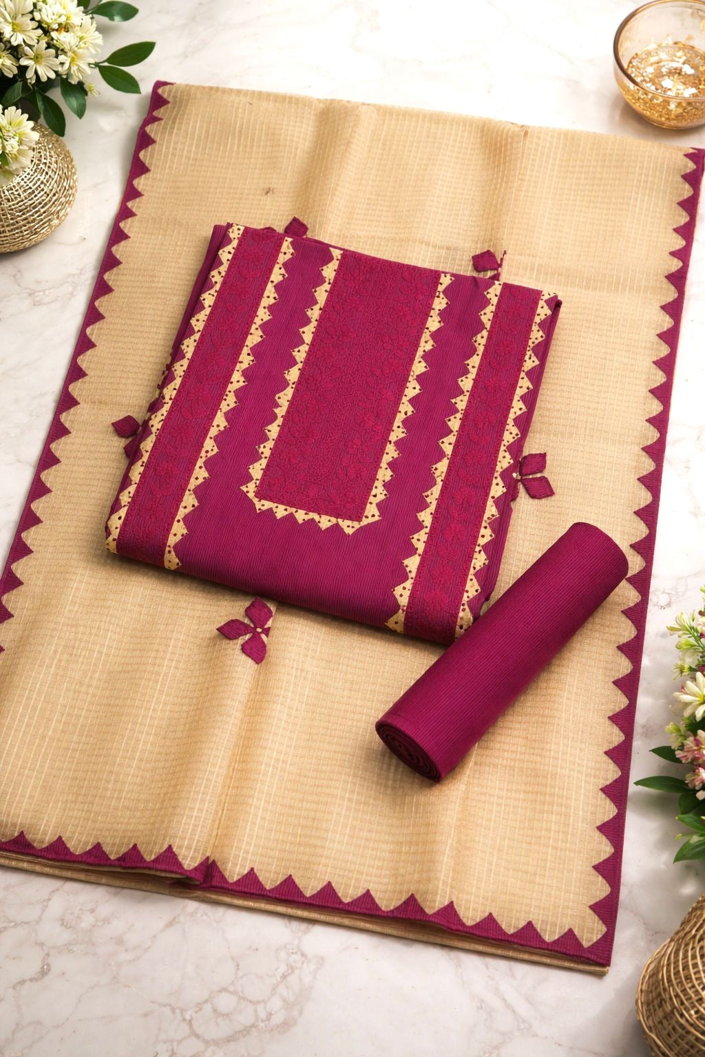 Applic Handmade 3-Piece Soft Cotton Khaddar with Net Karandi Dupatta - 3PC Unstitch Dress