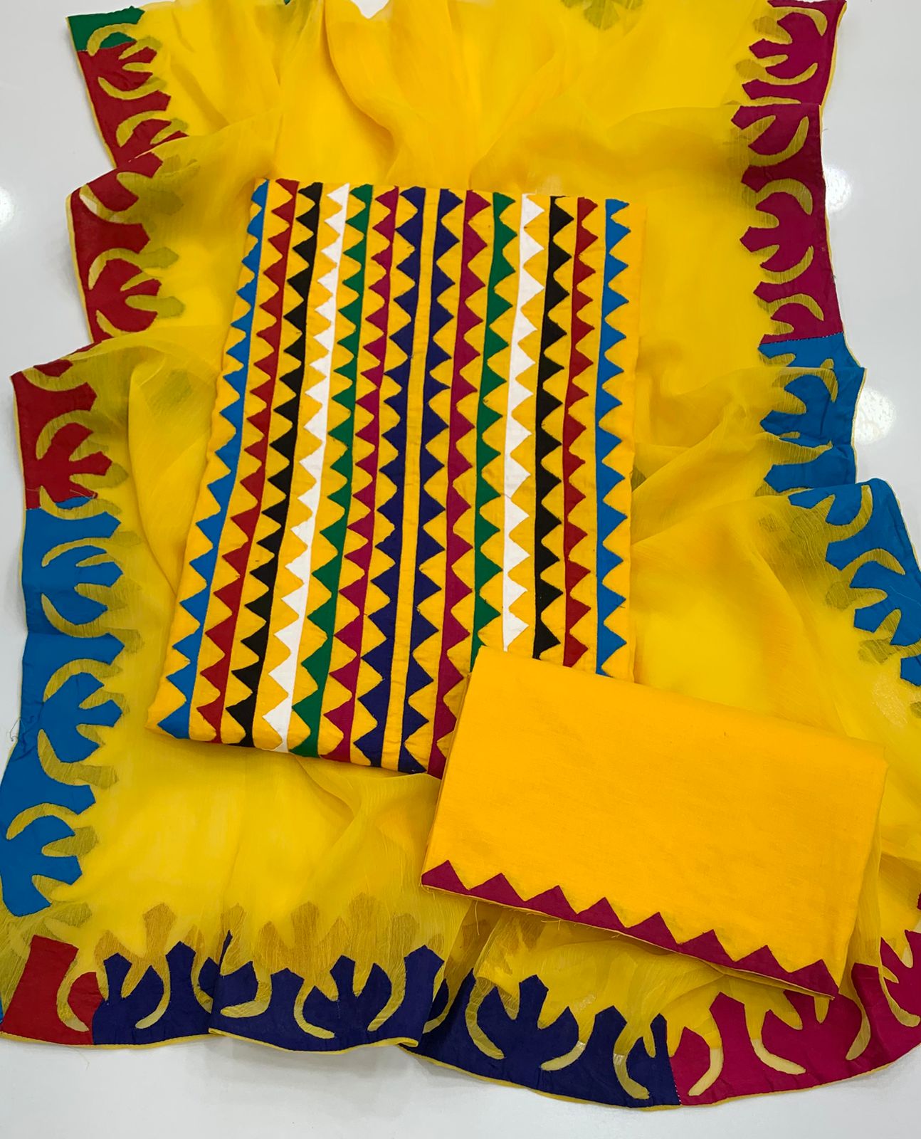 Multicolor Applique 3-Piece Dress – Soft Cotton with Chiffon Dupatta