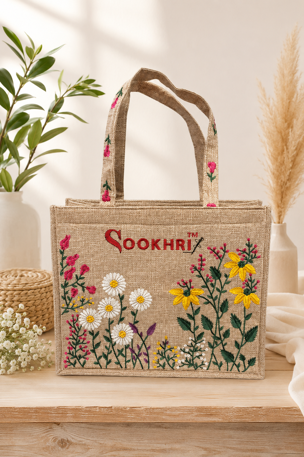 Traditional Jute Fabric Floral Embroidered Hand Bag – Premium Branded Tote Bag with Zip Clouser