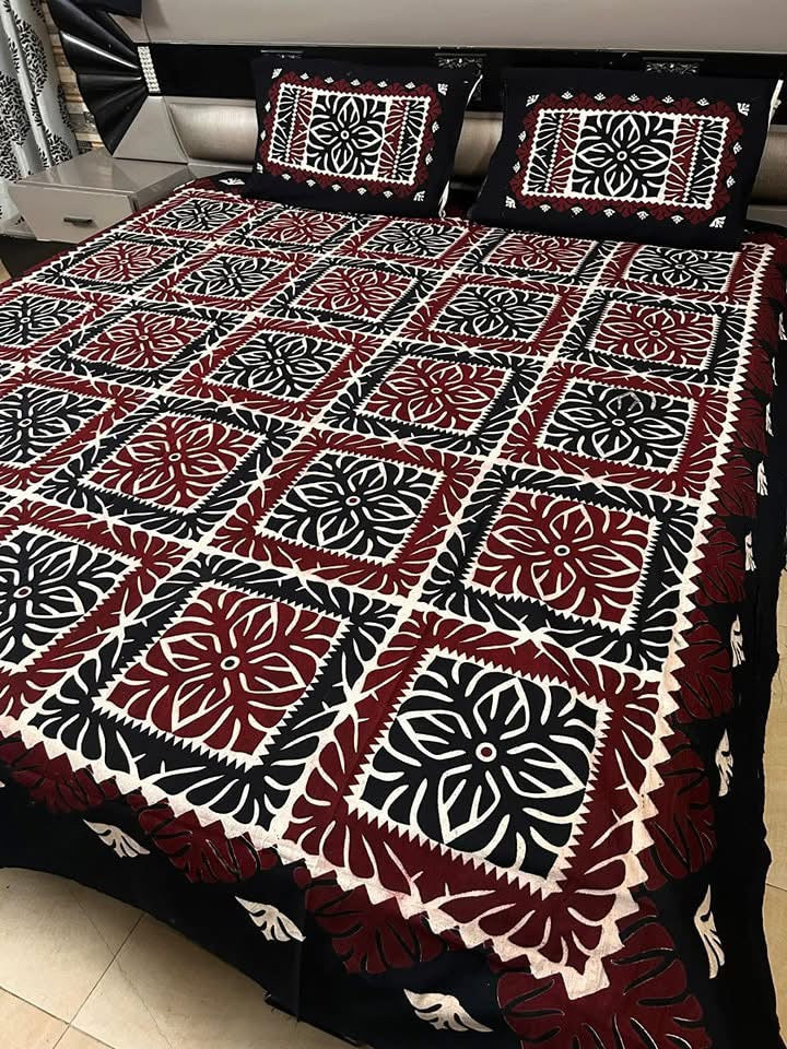 Ajrak Cotton King Size Block Print Bedsheet with 2 Unstitched Pillow Covers