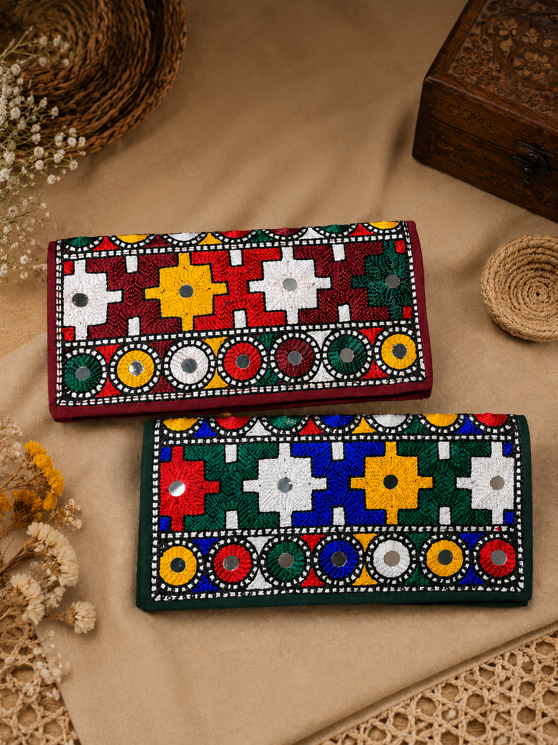 Traditional Multi-Aari Embroidered Mobile & Cash Clutches for Women (Pack of 2)