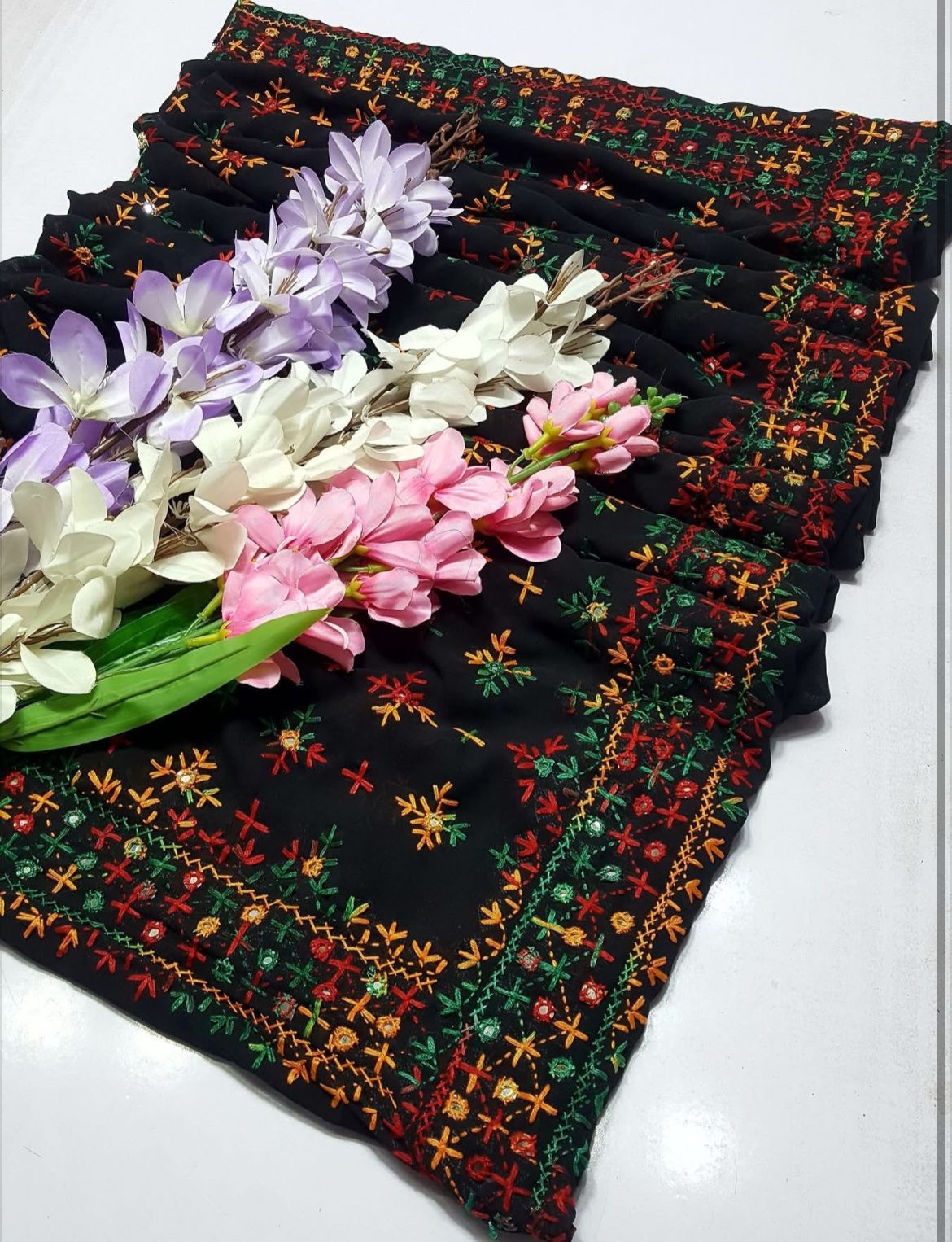 Handmade Korean Georgette Fabric Mirror Work Premium Luxury Wear Shawl