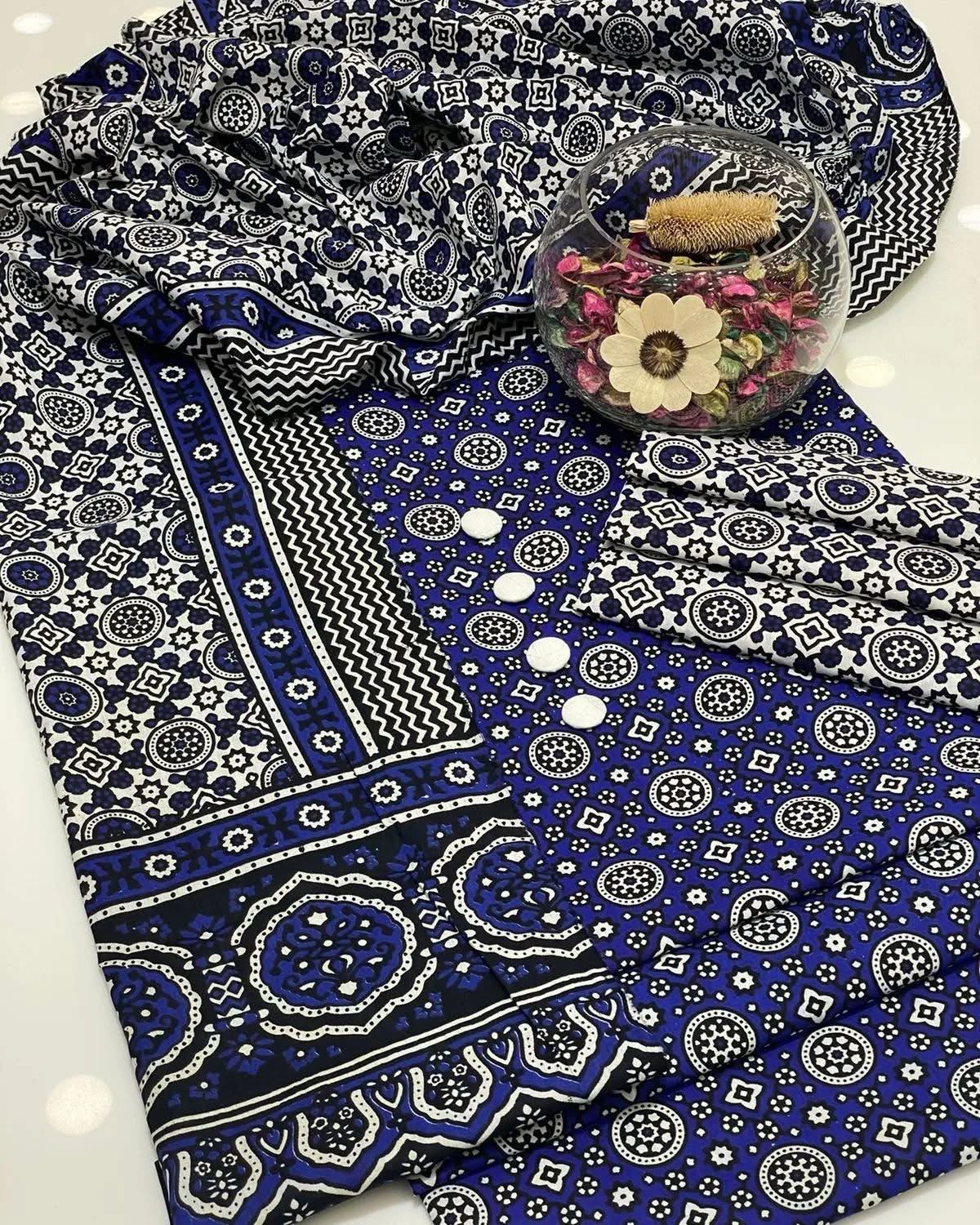 Blue Ajrak Block Print 3 Piece Dress – Soft Cotton Fabric