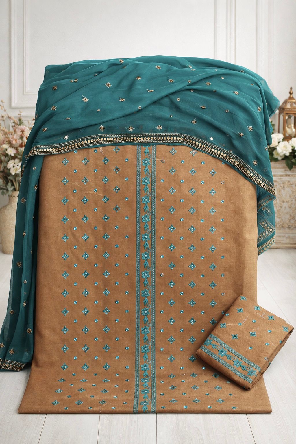 9MM Sitara Front Panel Embroidery 3-Piece Unstitched Suit with Chiffon Dupatta