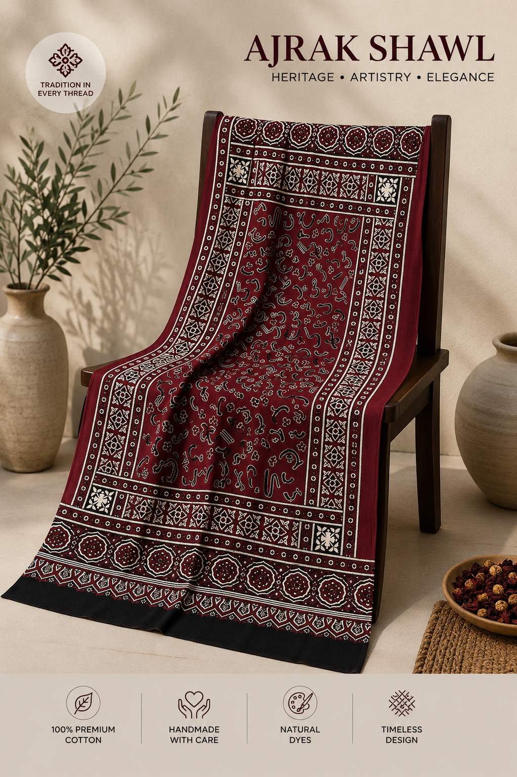 Urdu Alphabet Block Print Cotton Fabric - Premium Ajrak Shawl