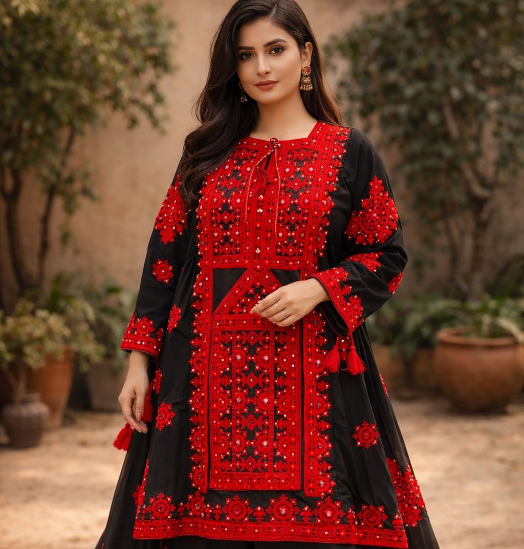 Black & Red Embroidered Balochi Ghagga, Ready to Wear – Georgette Fabric