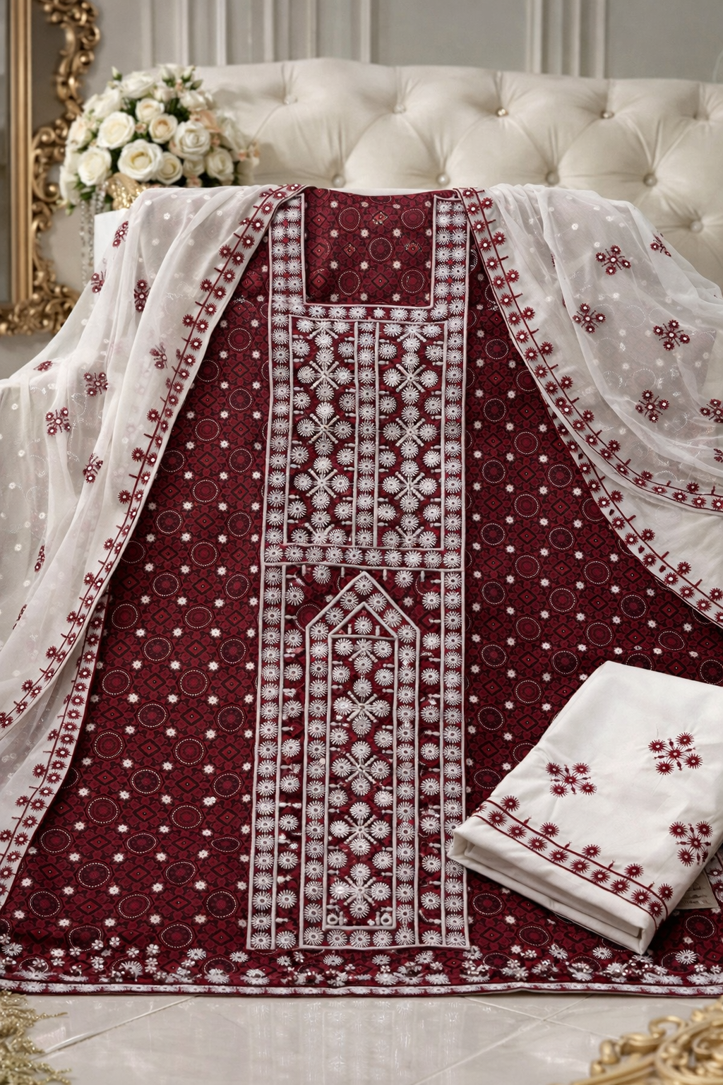 Ajrak Lawn Print Suit with Balochi Style 9mm Embroidery & Chiffon Dupatta - 3PC Unstitch Dress