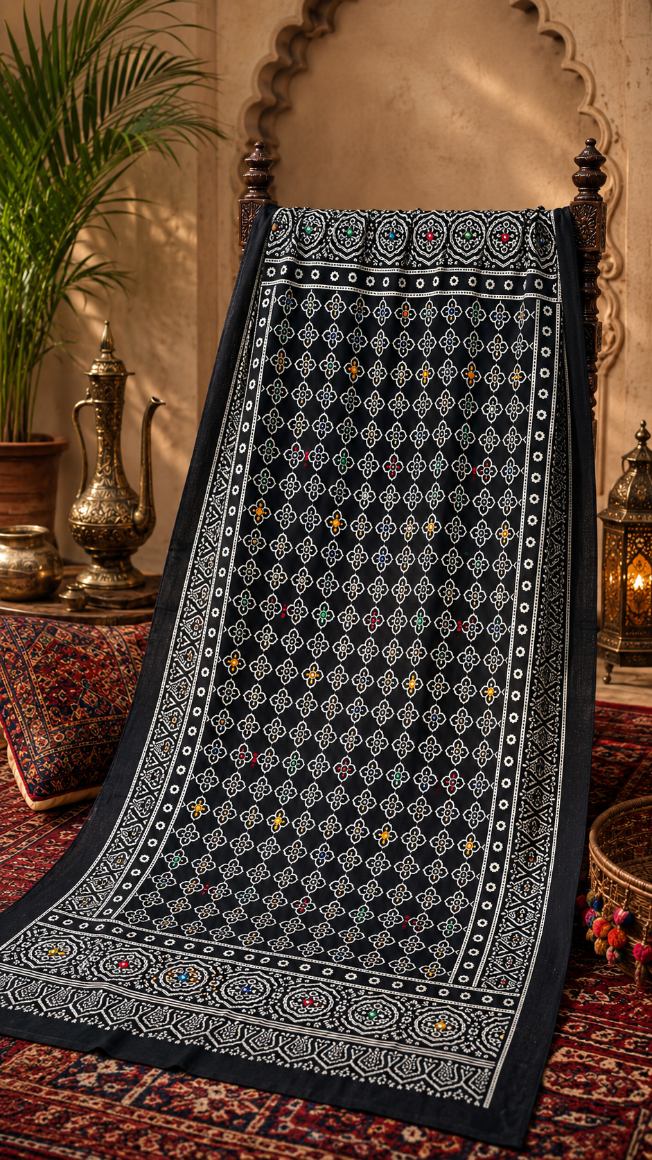 Traditional Block Print Cotton Fabric Multi Sitara Foil Embroidery Ajrak Shawl