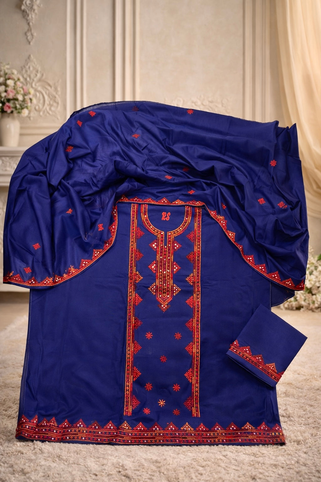 Thick Thread Sitara Foil Arri Embroidered Lawn Cotton Fabric - 3PC Unstitched Dress π