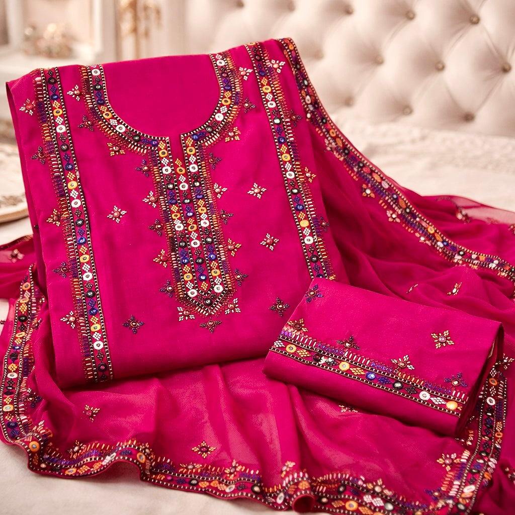 Balochi Gala Bail Daman 9MM Sitara Thick Thread Embroidered Lawn Cotton with Chiffon Dupatta - 3PC Unstitch Dress π