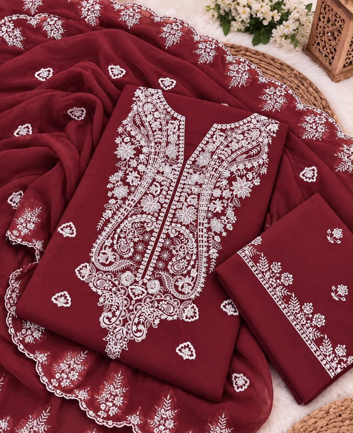 Kashmiri 3MM Sitara Embroidery Soft Cotton Fabric With Cutwork Border Chiffon Dupatta - 3PC Unstitched Dress π