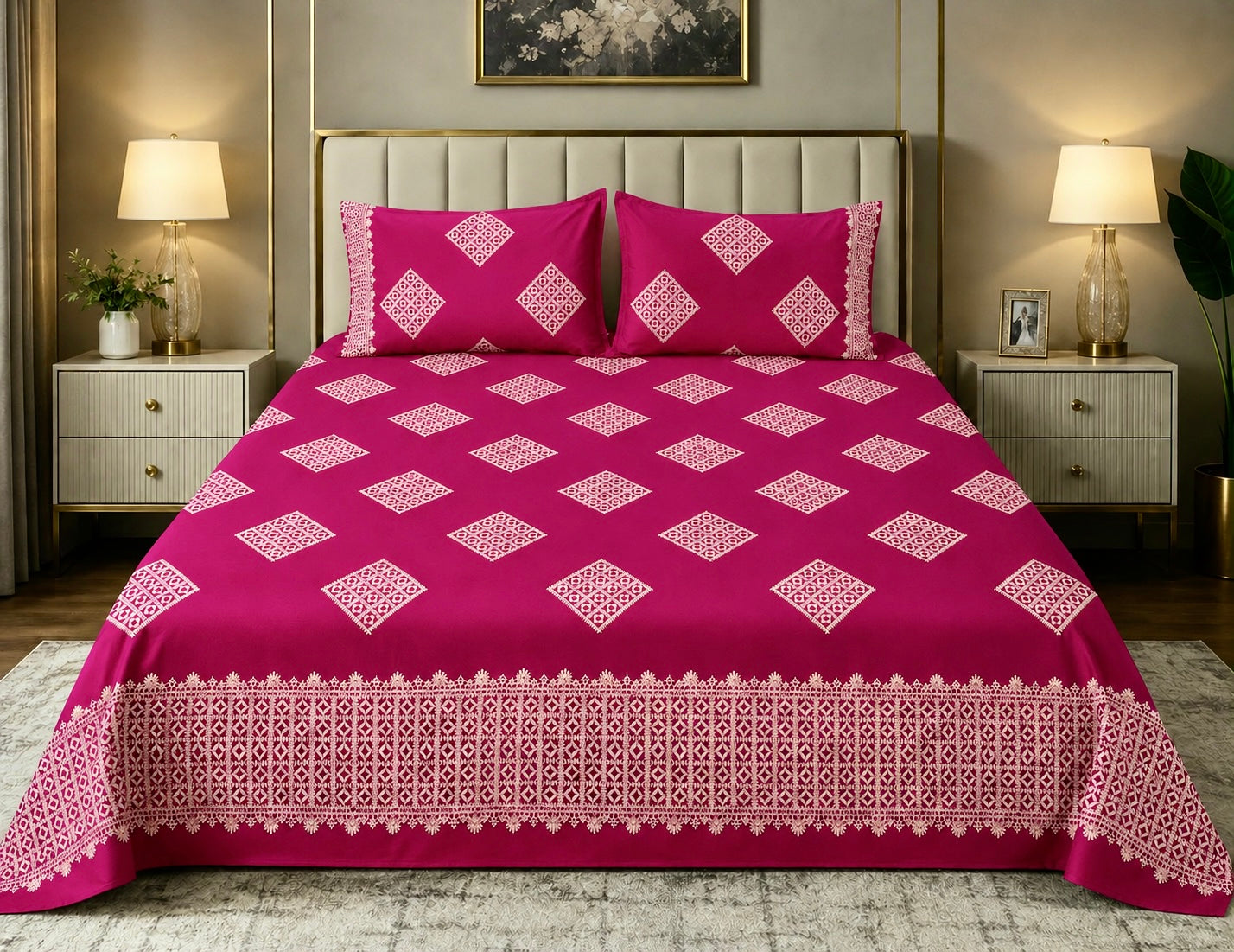 King Size Sindhi Hurmuch Heavy Embroidery Cotton Fabric Double Bed Bedsheet With Two Stitched Pillow Covers