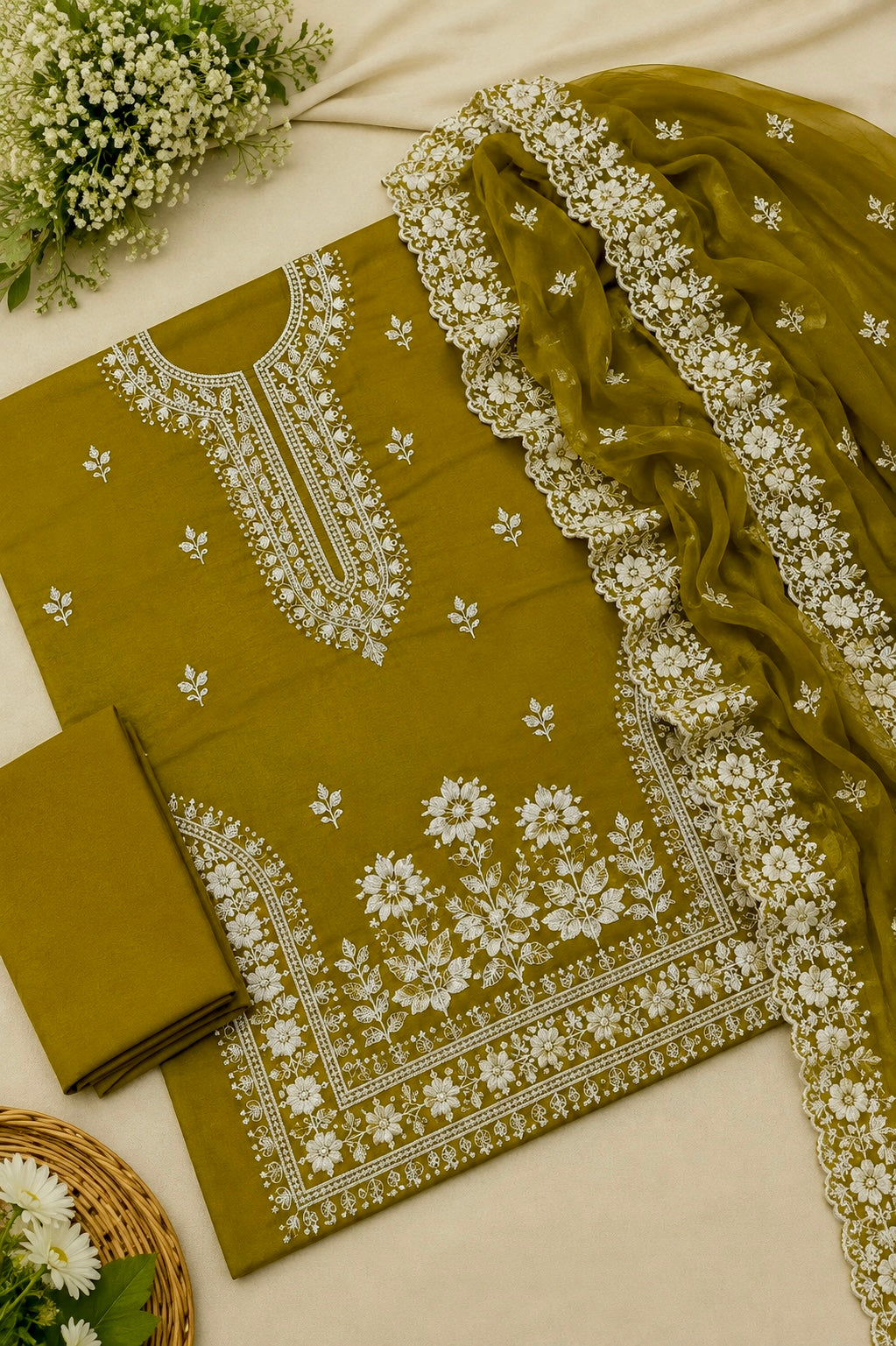 Elegant Computer Embroidered Soft Cotton Shirt & Trouser with Chiffon Cutwork Dupatta - 3PC Unstitched Dress π