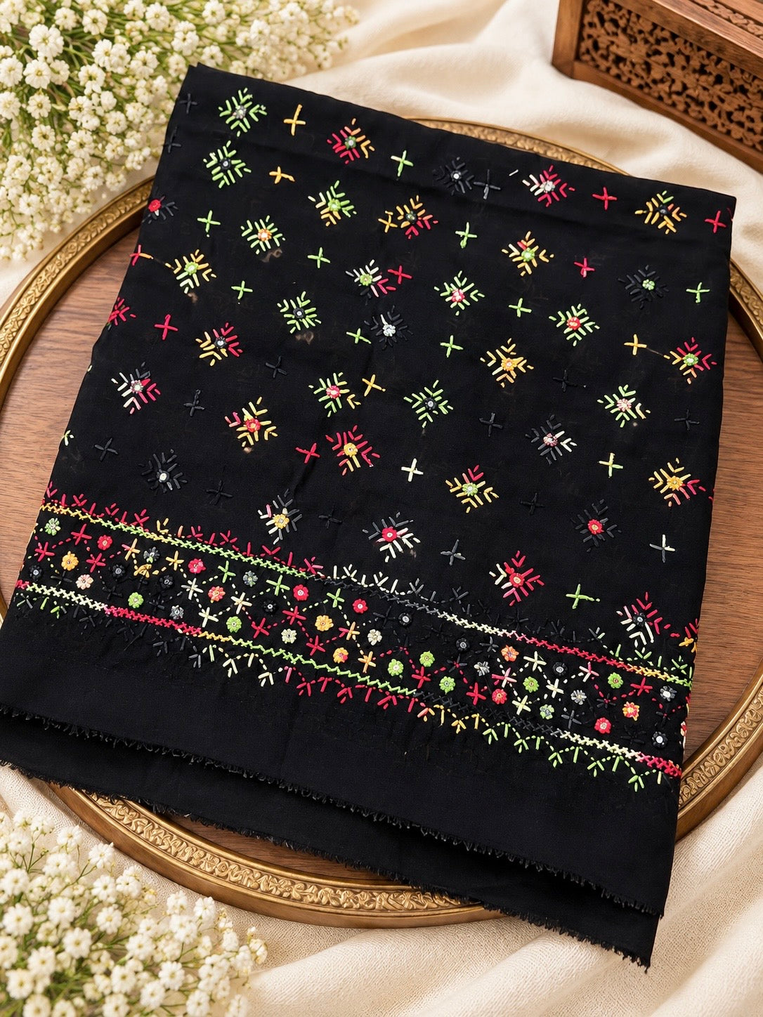 Swiss Lawn Fabric Handmade Original Mirror Work Full Jaal 4 Side Border Shawl for Women