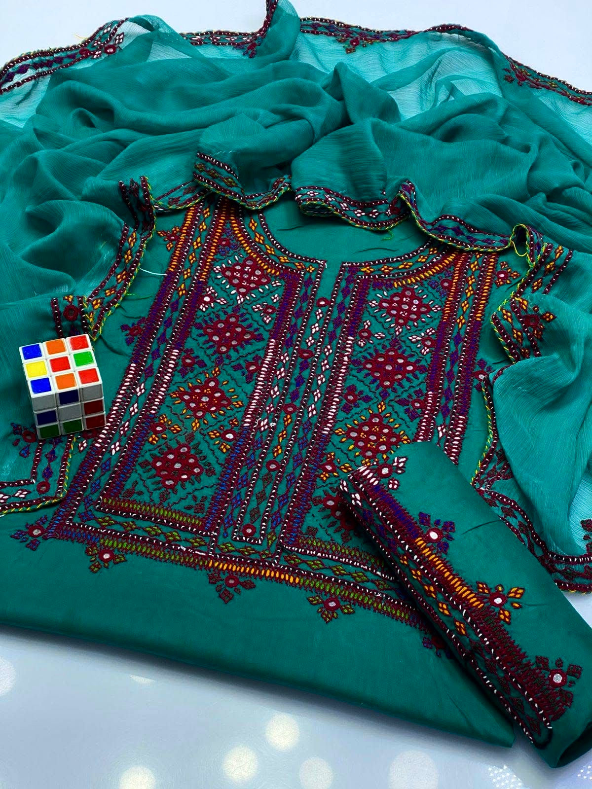Balochi Handcrafted 3-Piece Suit with Original Mirror Work – Soft Cotton & Chiffon Dupatta