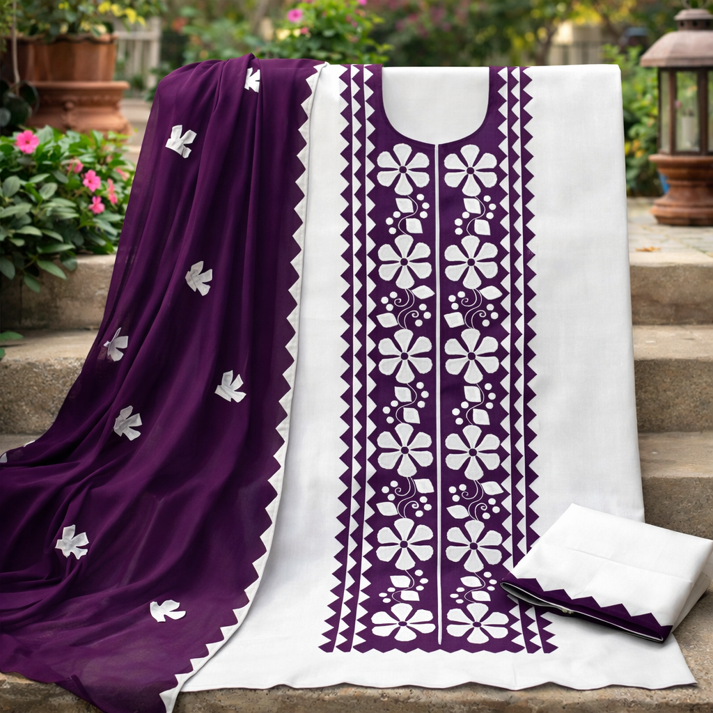 Handmade Applique Work Suit β Soft Cotton Fabric with Contrast Chiffon Dupatta - 3PC Unstitch Dress