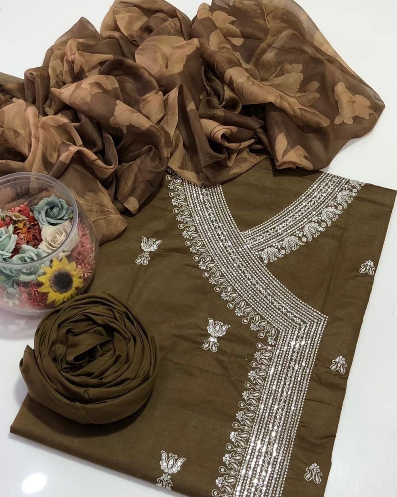 Angrakha Style Sequence Zari Work 3pc Dress π