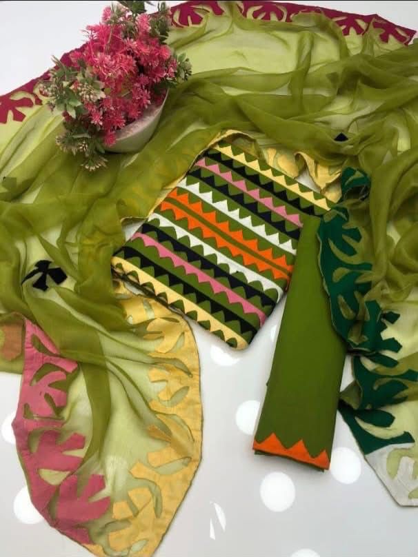 Multicolor Applique 3-Piece Dress – Soft Cotton with Chiffon Dupatta