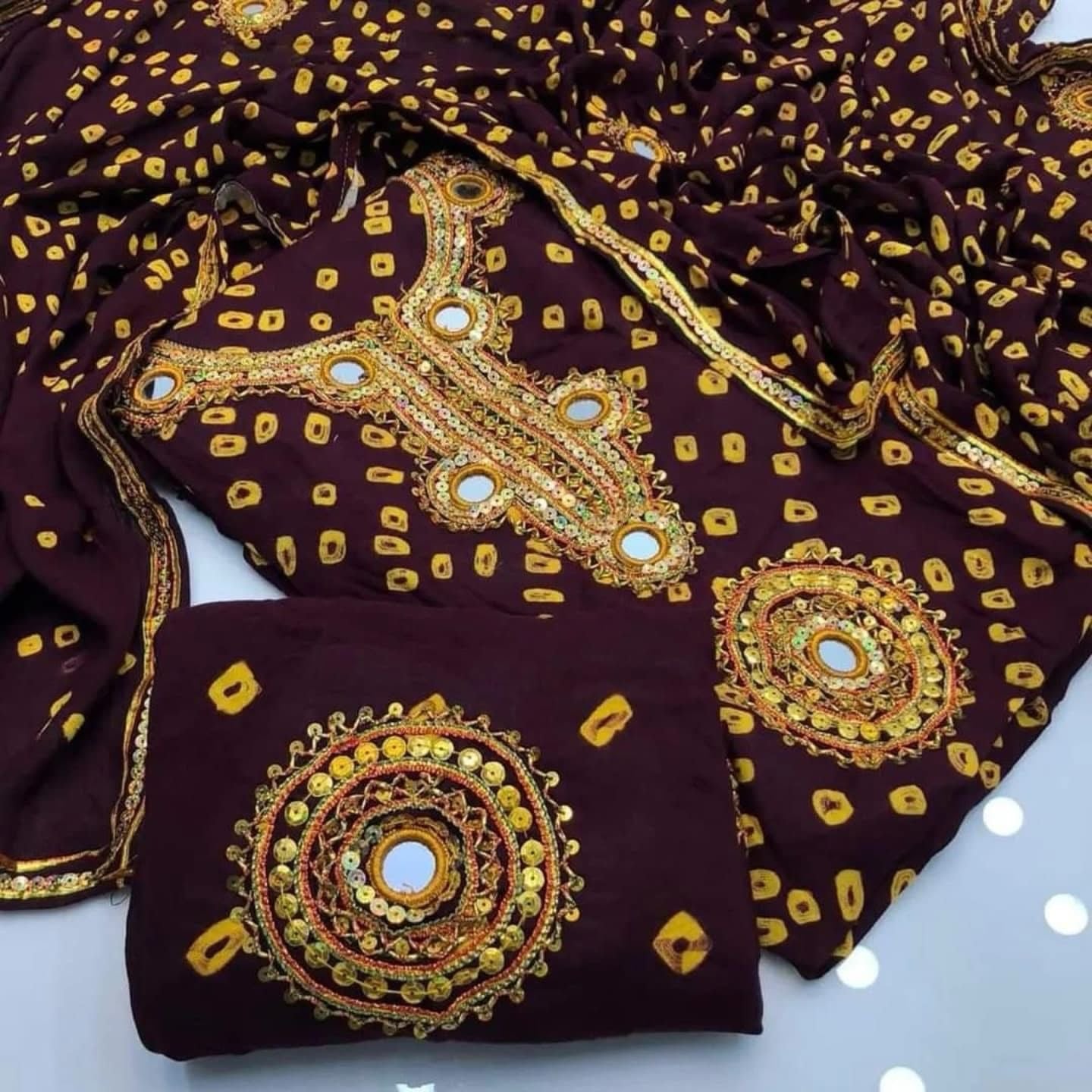 Traditional Gota Mirror Work Chunri 3-Piece Dress (Handmade – Cotton Fabric)