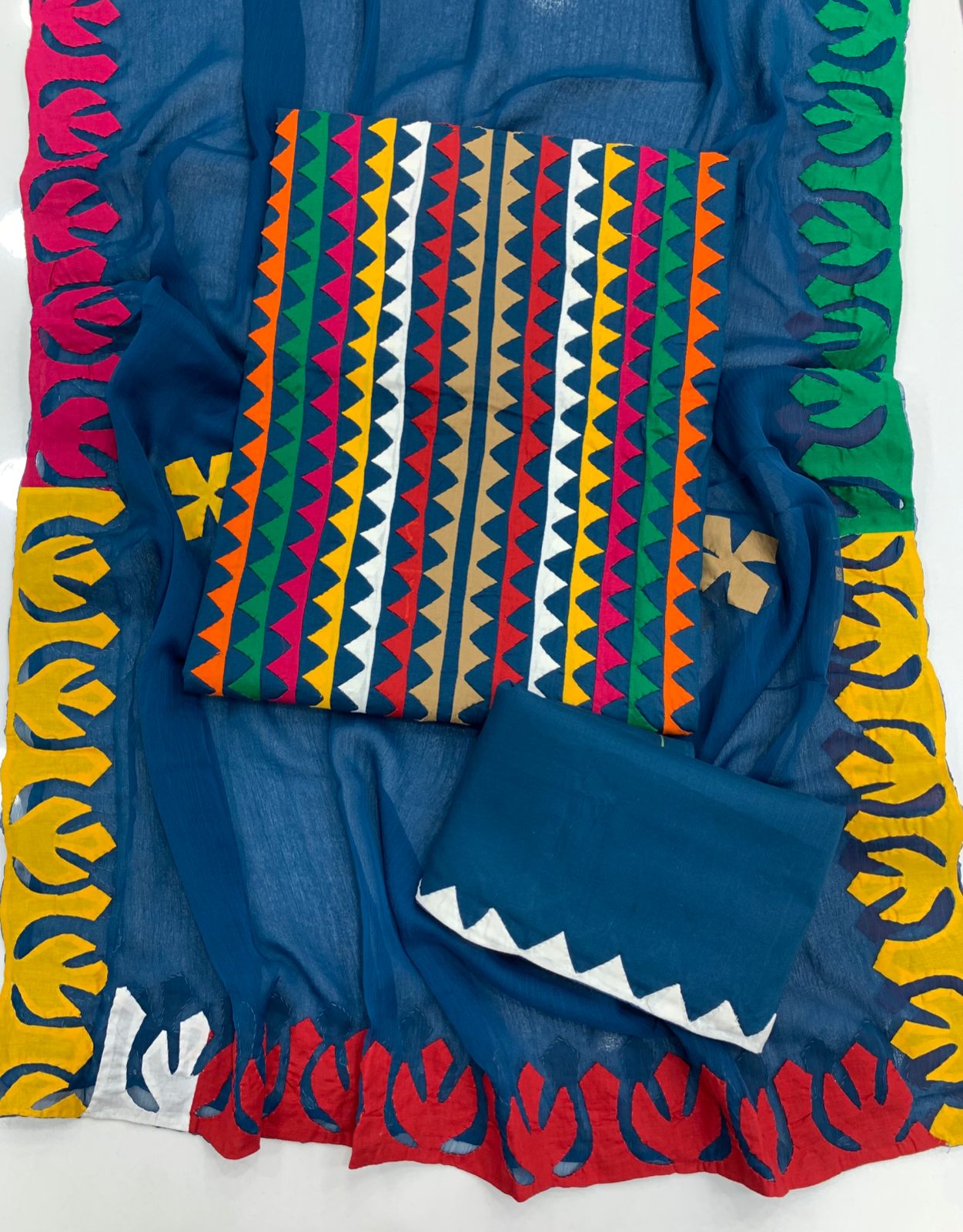 Multicolor Applique 3-Piece Dress – Soft Cotton with Chiffon Dupatta