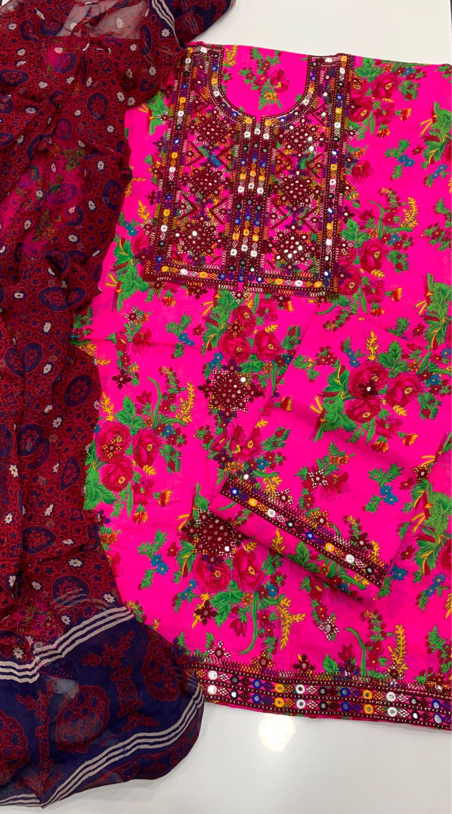 Elegant Balochi Floral With Hand Printed Ajrak Chiffon Dupatta