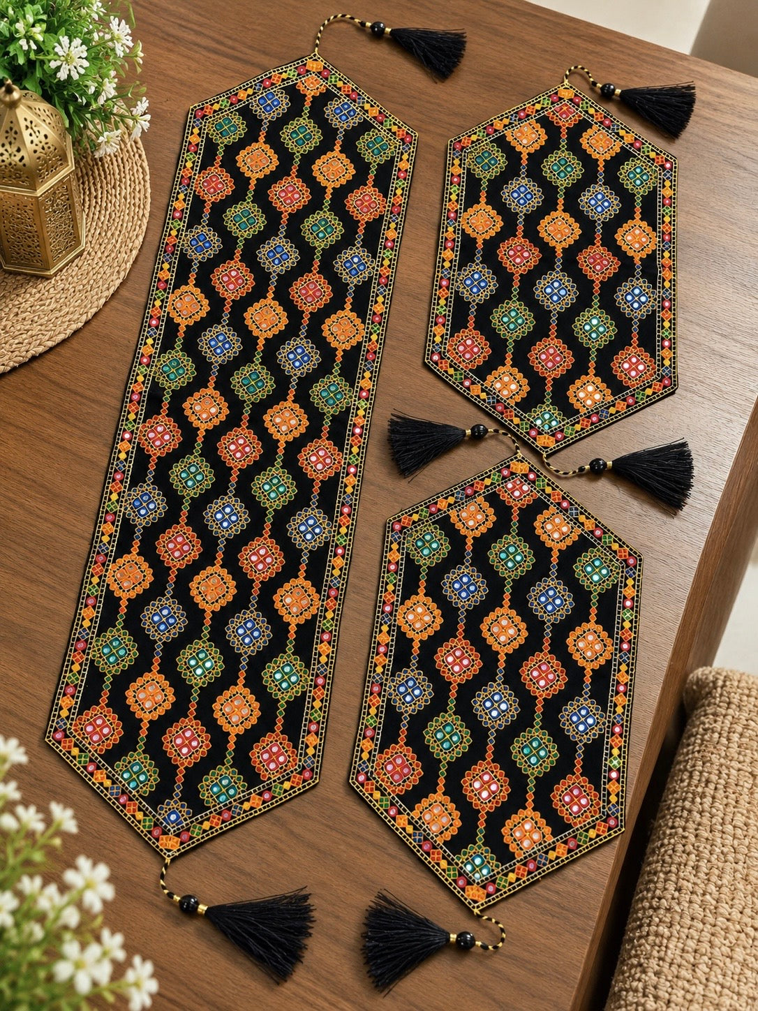 Thick Thread Multi Sitara Embroidered Sofa Table Mats - 3PC set
