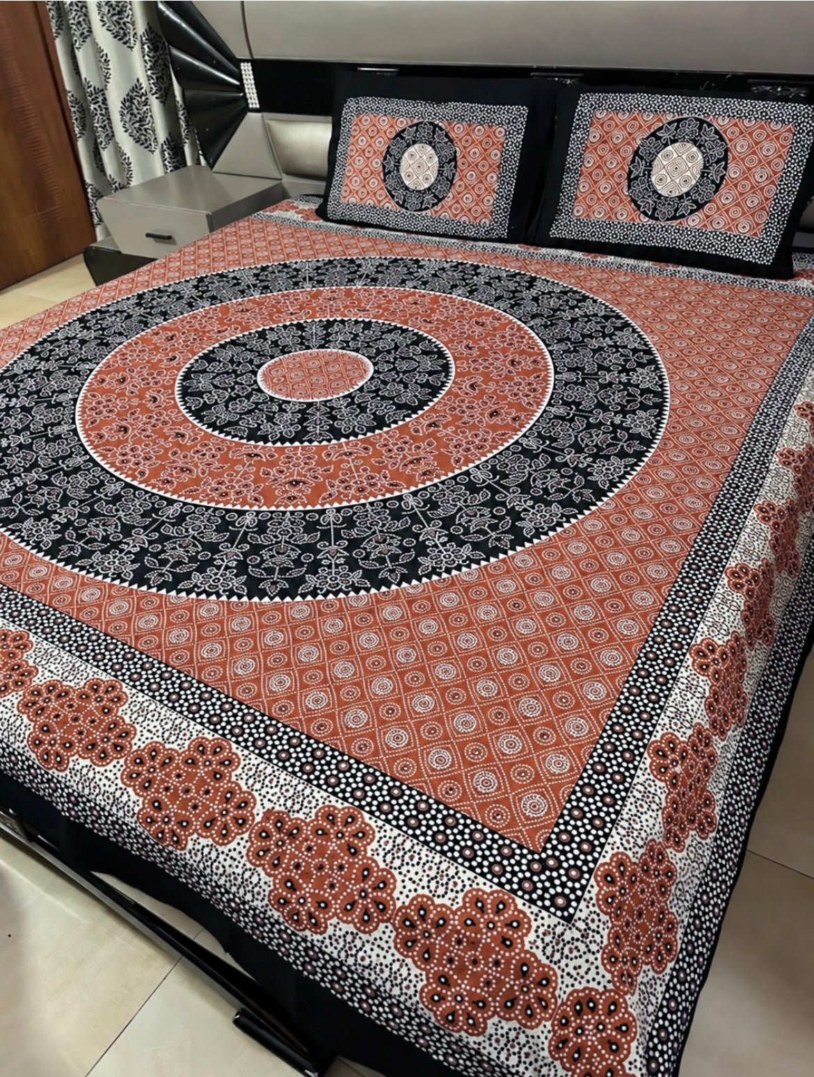Ajrak Cotton King Size Block Print Bedsheet with 2 Unstitched Pillow Covers