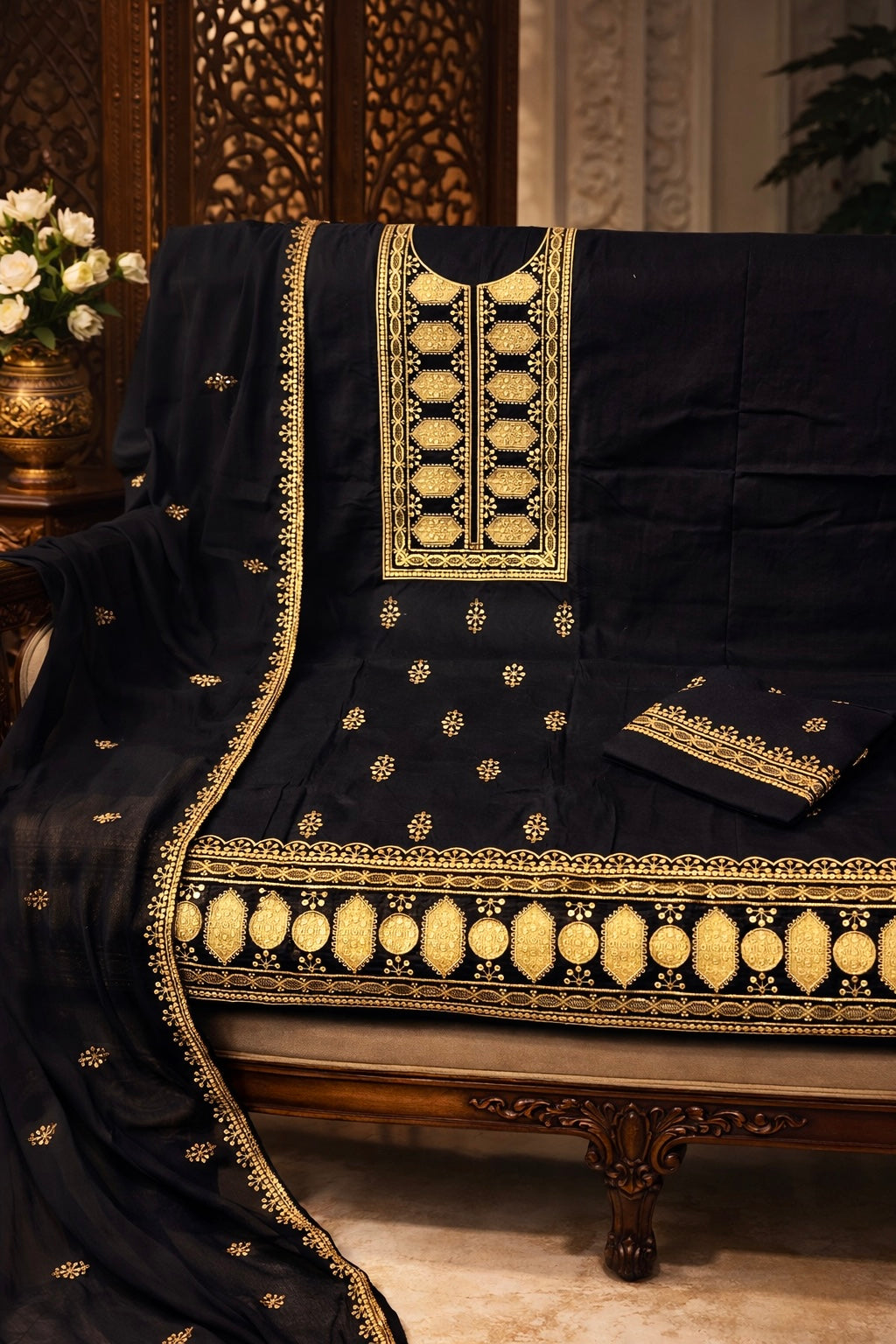 Elegant Black & Gold Sequin Embroidered Soft Cotton 3PC Dress