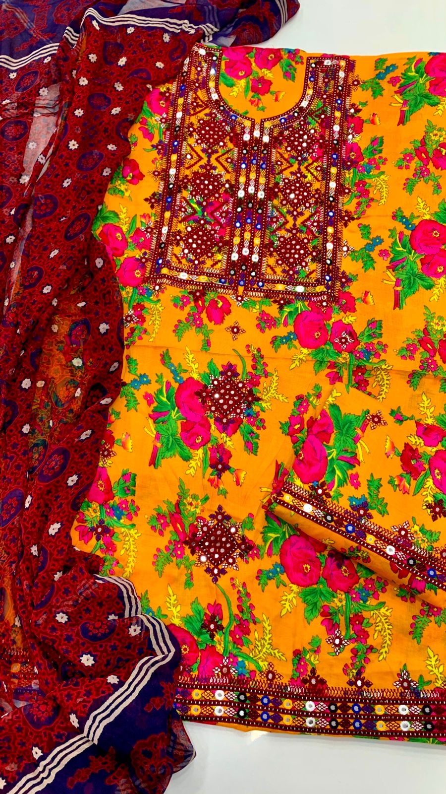 Elegant Balochi Floral With Hand Printed Ajrak Chiffon Dupatta