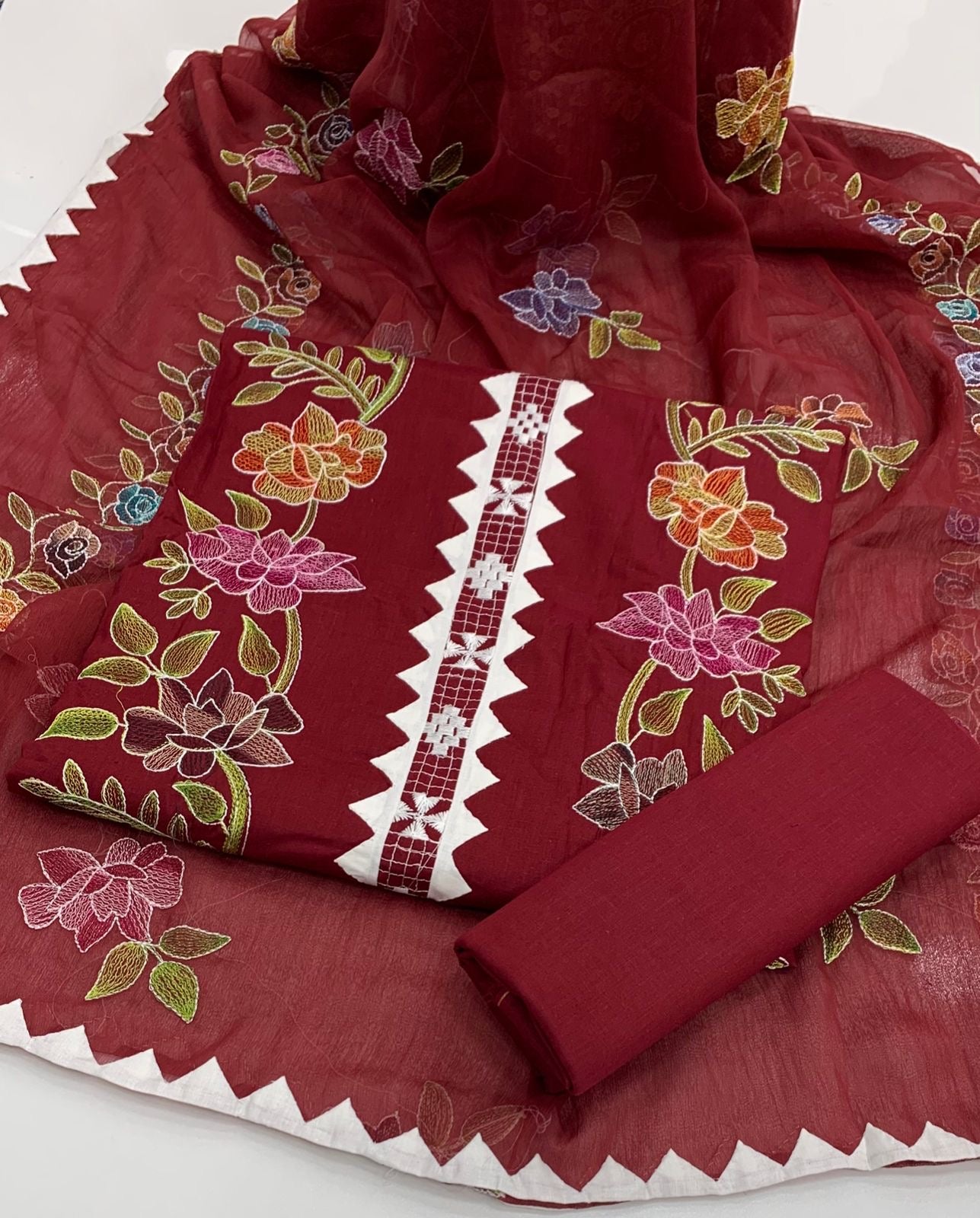 Kacha Tanka Flower Machine Embroidered With Applic Handwork 3pc Dress 👗