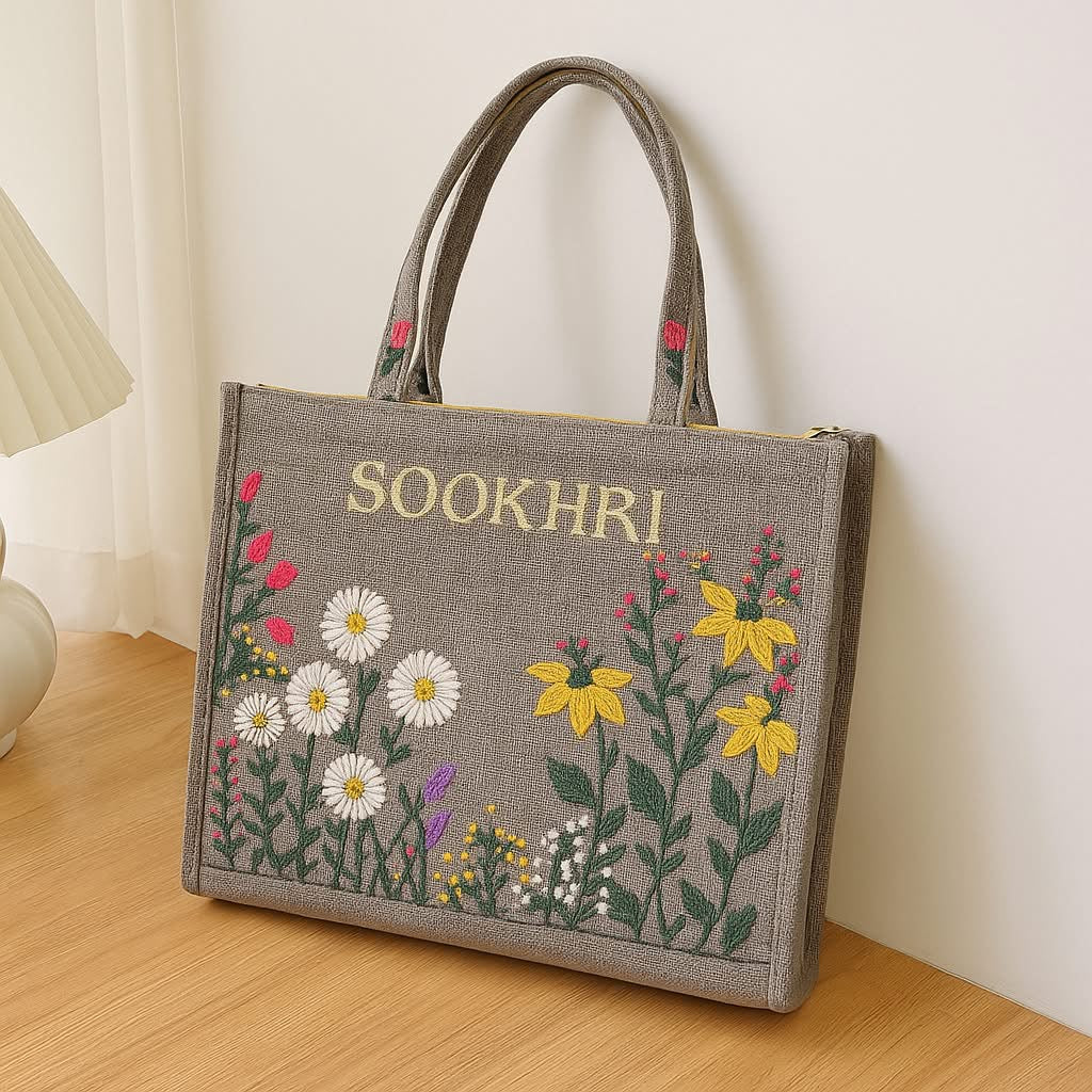 Traditional Jute Fabric Flower Embroidered Handbags