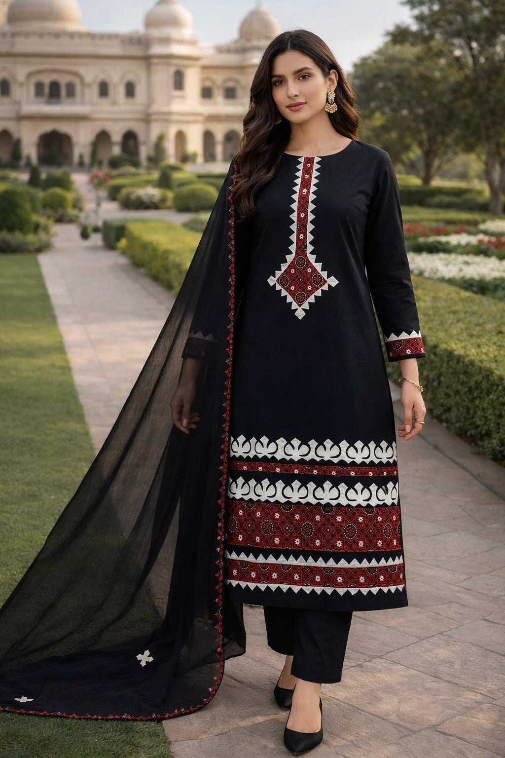Luxury Handwork Ajrak Applique Dress – Black Edition