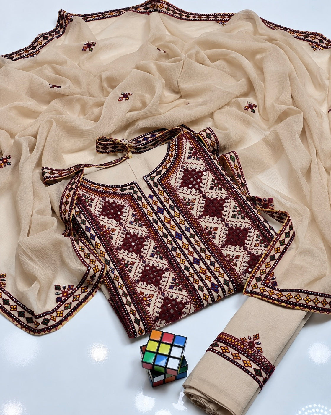 Balochi Handmade Mirror Work Soft Cotton Fabric Shirt & Trouser with Chiffon Dupatta | 3PC Unstitch Dress π