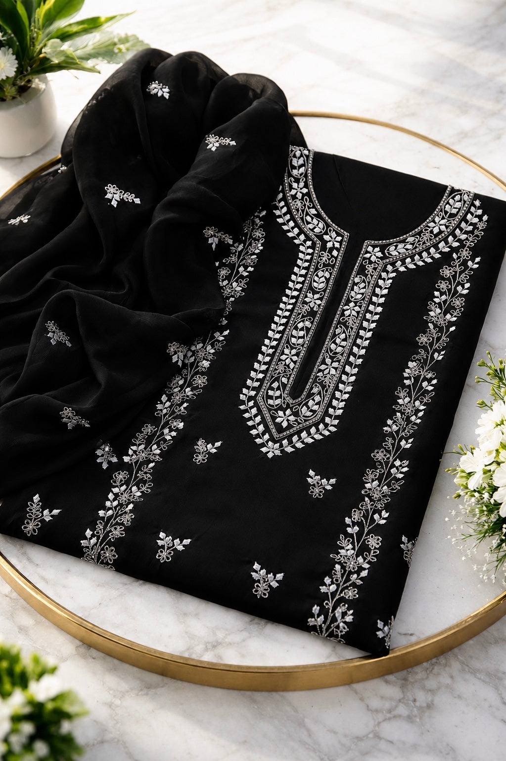 Black Handmade Applique with Zari & Pearl Work Lawn Fabric With Chiffon Dupatta 3PC Unstitch Dress π