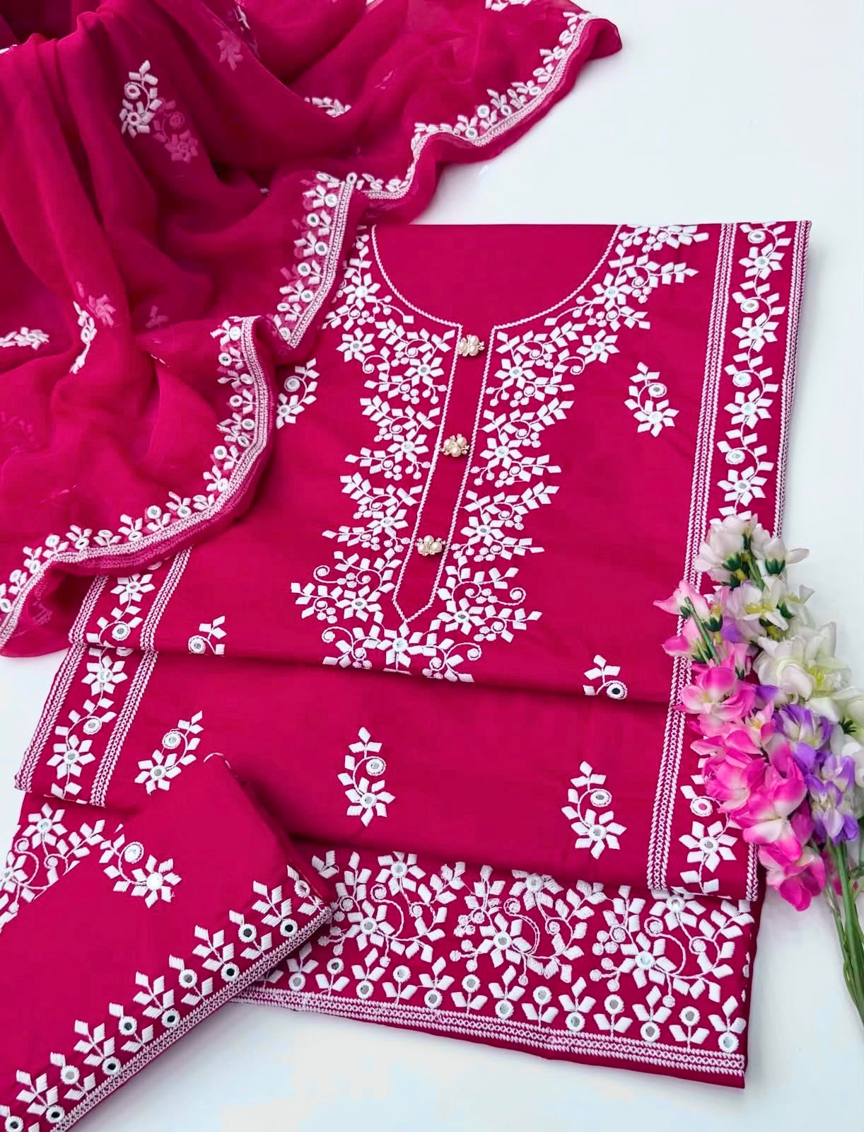 Applic Patti Style Sitara Embroidered Lawn Cotton Shirt & Trouser with Chiffon Embroidered Dupatta - 3PC Unstitch Dress π
