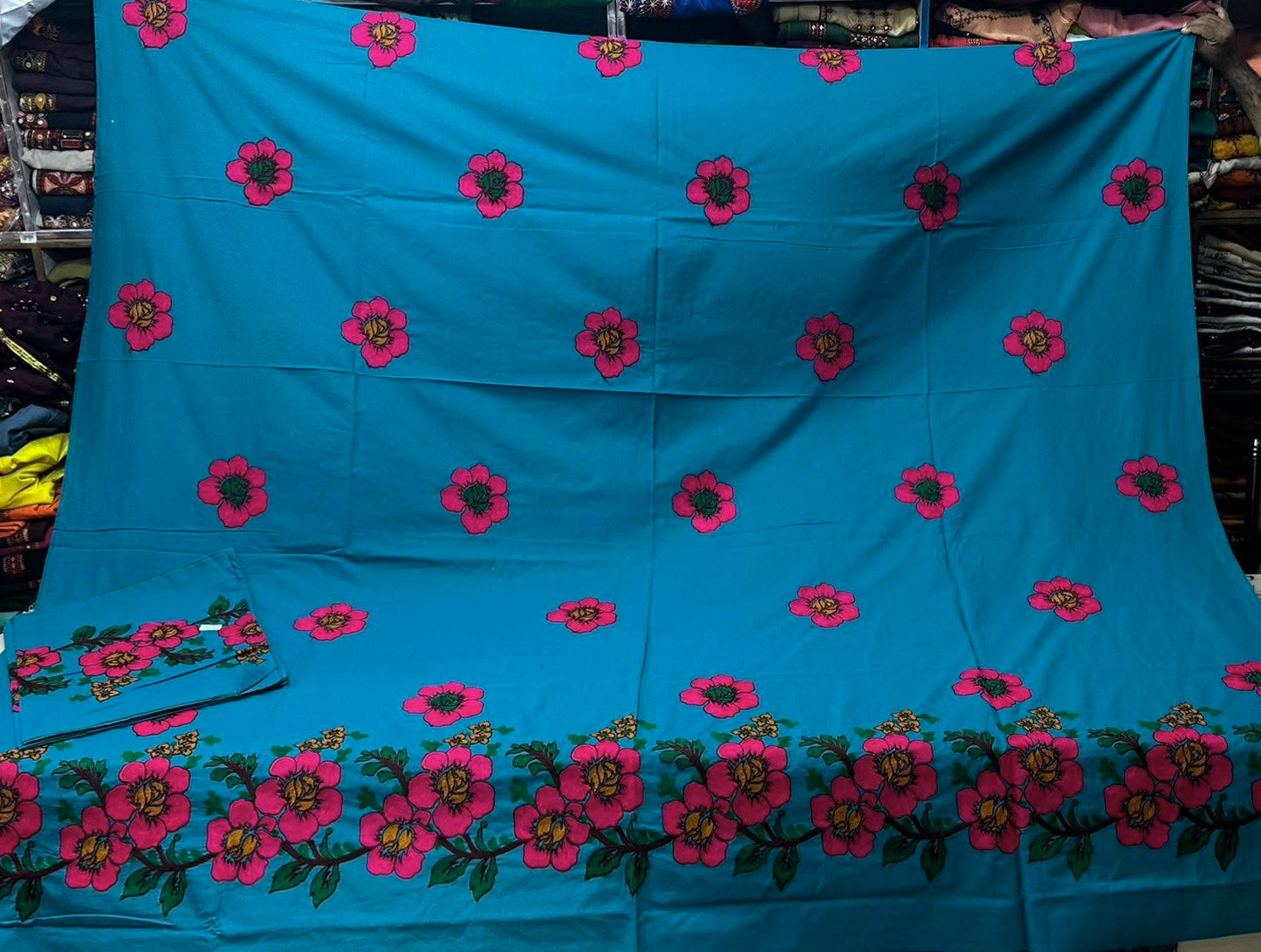 Floral Arri Work King Size Double Bed Bedsheet With Two Pillow Covers