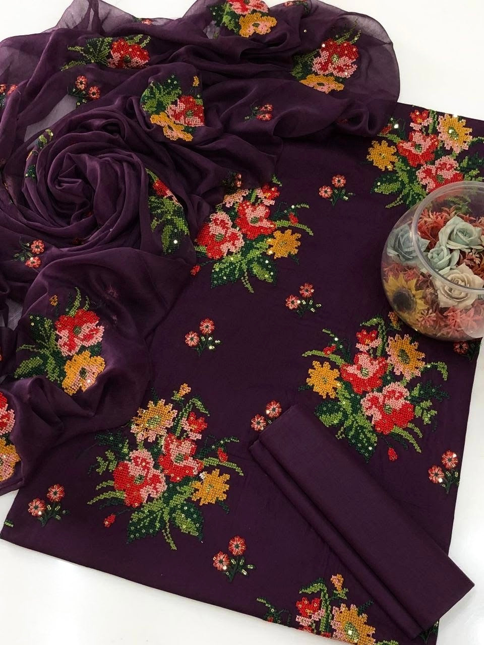 Cross Stitch Embroidery With Sequence Sitara Work 3pc Dress 👗