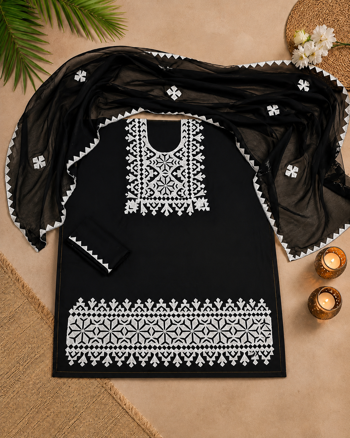 Black & White Handmade Applic Lawn Cotton Suit with Chiffon Dupatta – 3 Piece Unstitched Dress