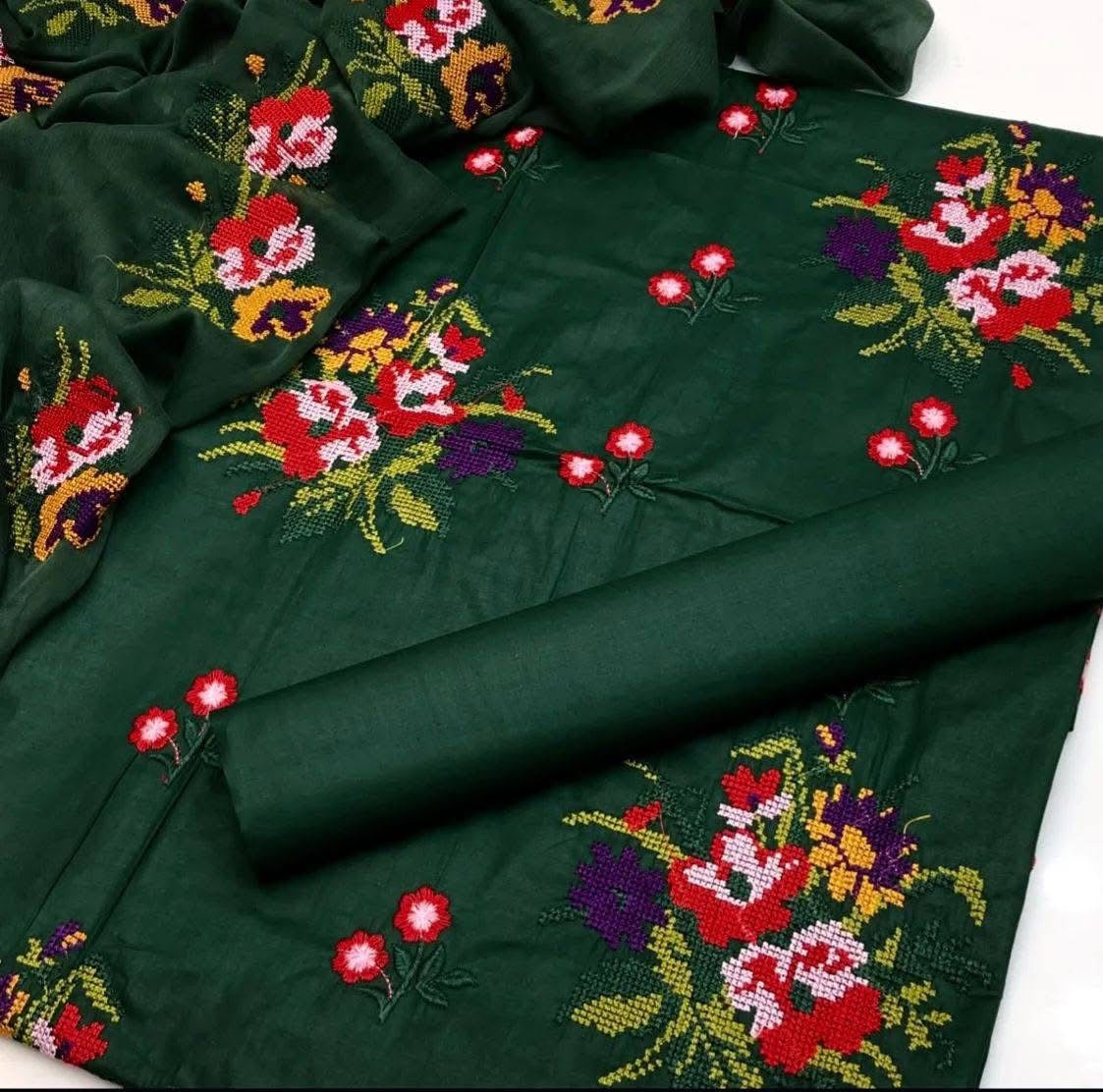 Cross Stitch Flower Jaal Embroidered 3pc