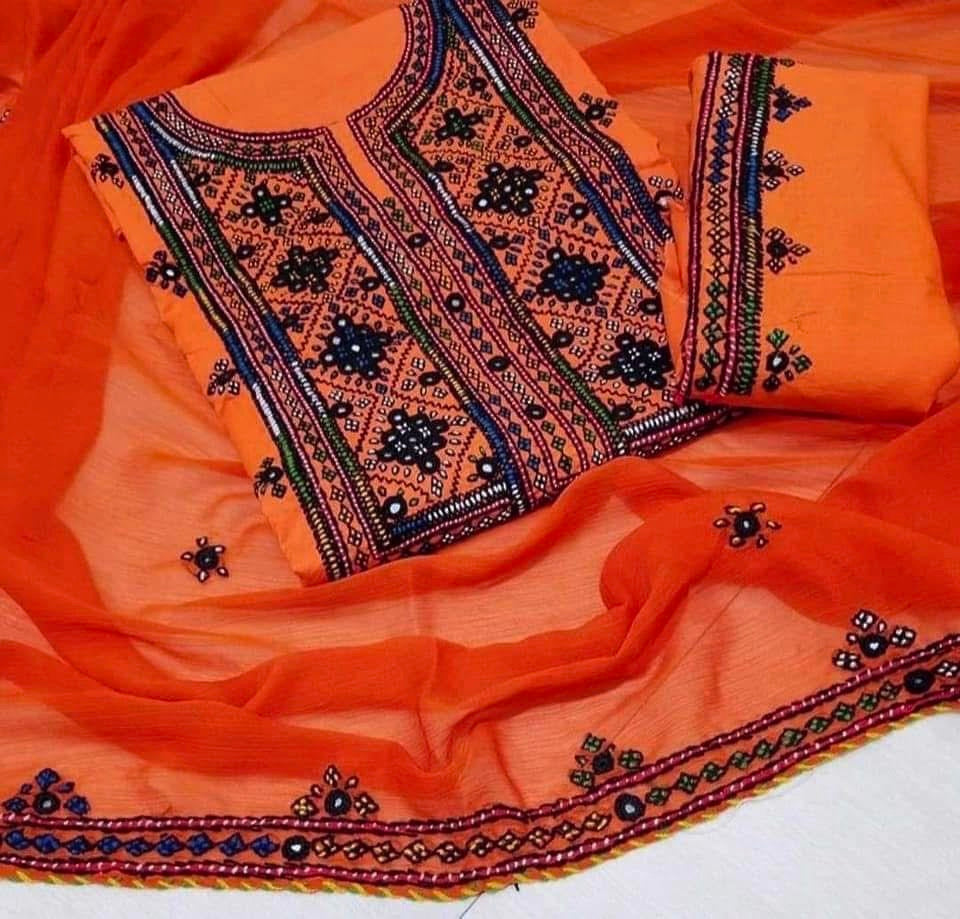 Balochi Handmade Original Mirror Work Lawn Cotton Fabric With Four Border Chiffon Dupatta 3PC Unstitched Dress π