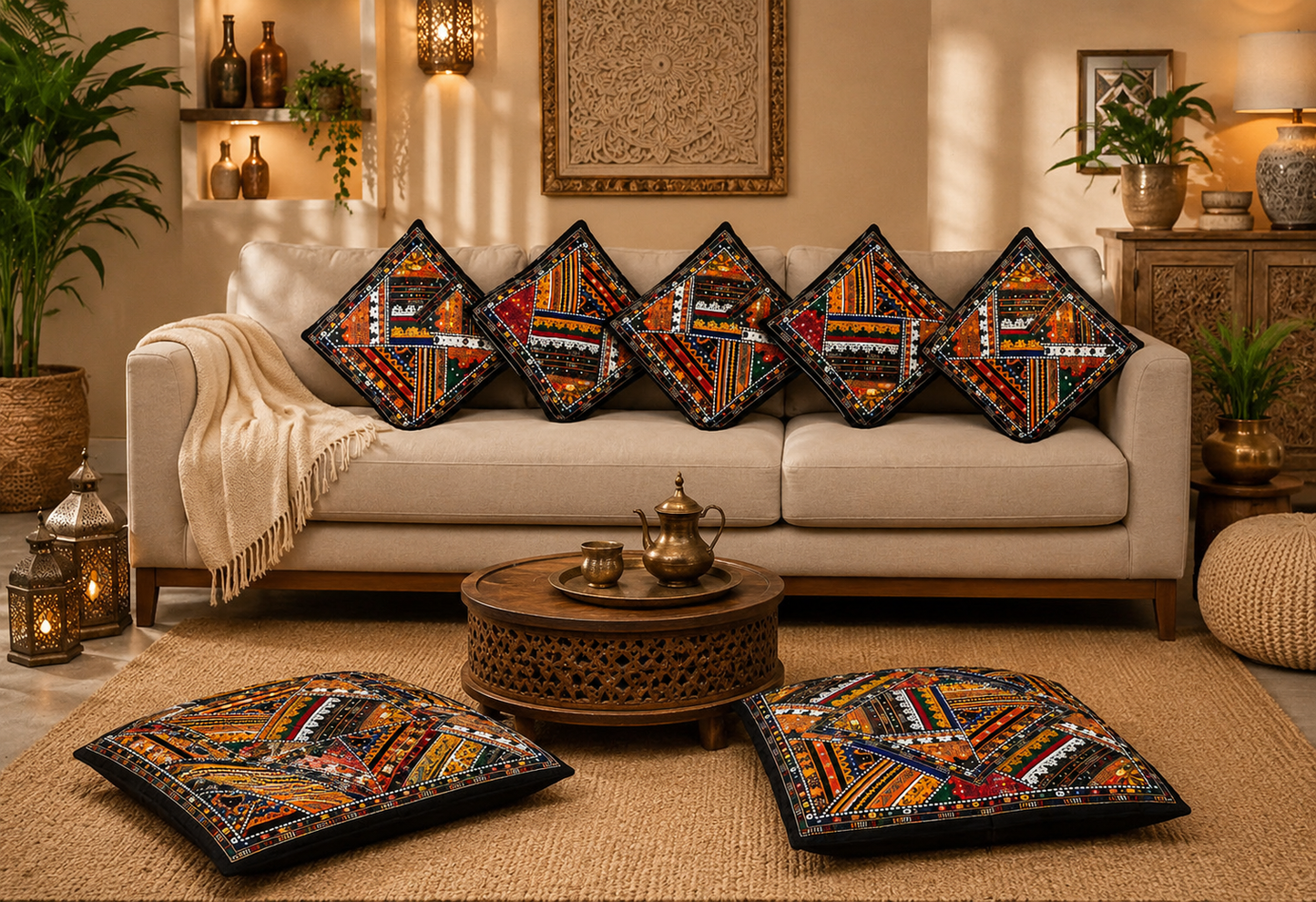 7 Pcs Multi Embroidery Antique Cushion Cover Set – 5 Sofa Cushions & 2 Floor Cushions – Ethnic Home Decor