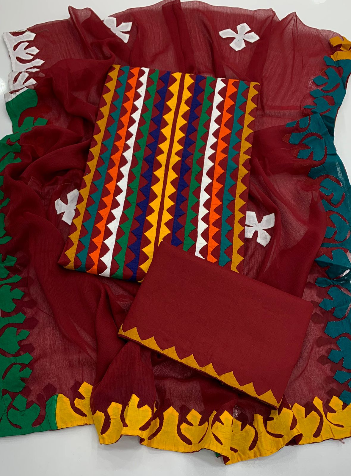 Multicolor Applique 3-Piece Dress – Soft Cotton with Chiffon Dupatta