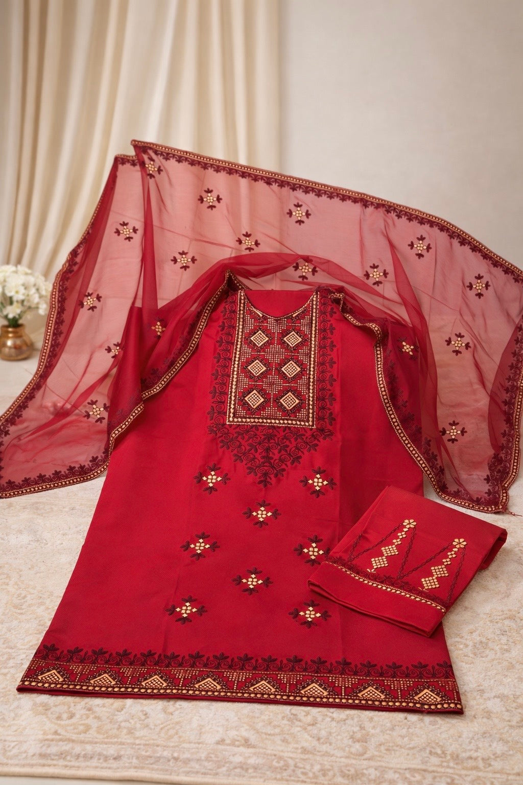 Premium Lawn Cotton Arri Embroidery with Chiffon 4 -Side Border Dupatta - 3PC Unstitch Dress 👗