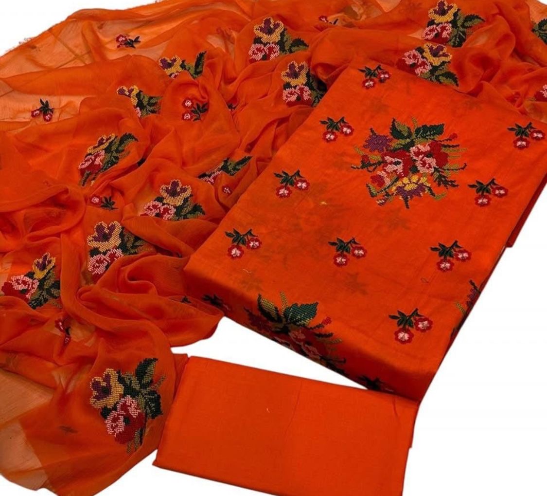 Cross Stitch Flower Jaal Embroidered 3pc