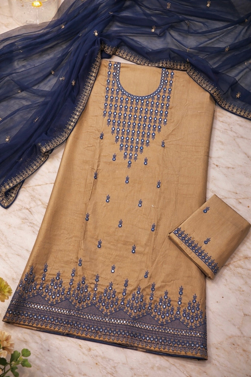 Elegant Soft Cotton 3-Piece Suit with 9mm Sitara Computer Embroidery & Contrast Chiffon Dupatta